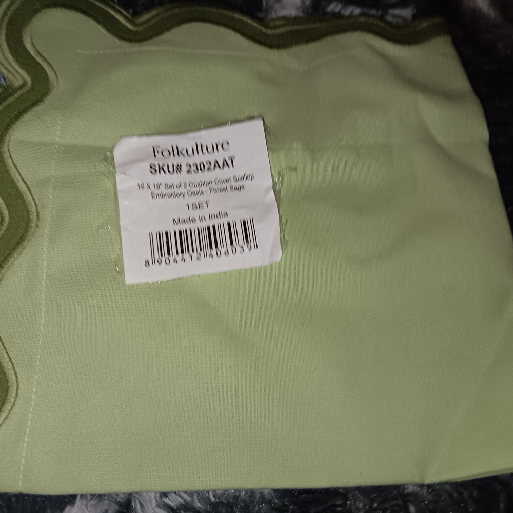 Folkculture Sage Green Embroidery throw Cushion Covers. 18"x18"